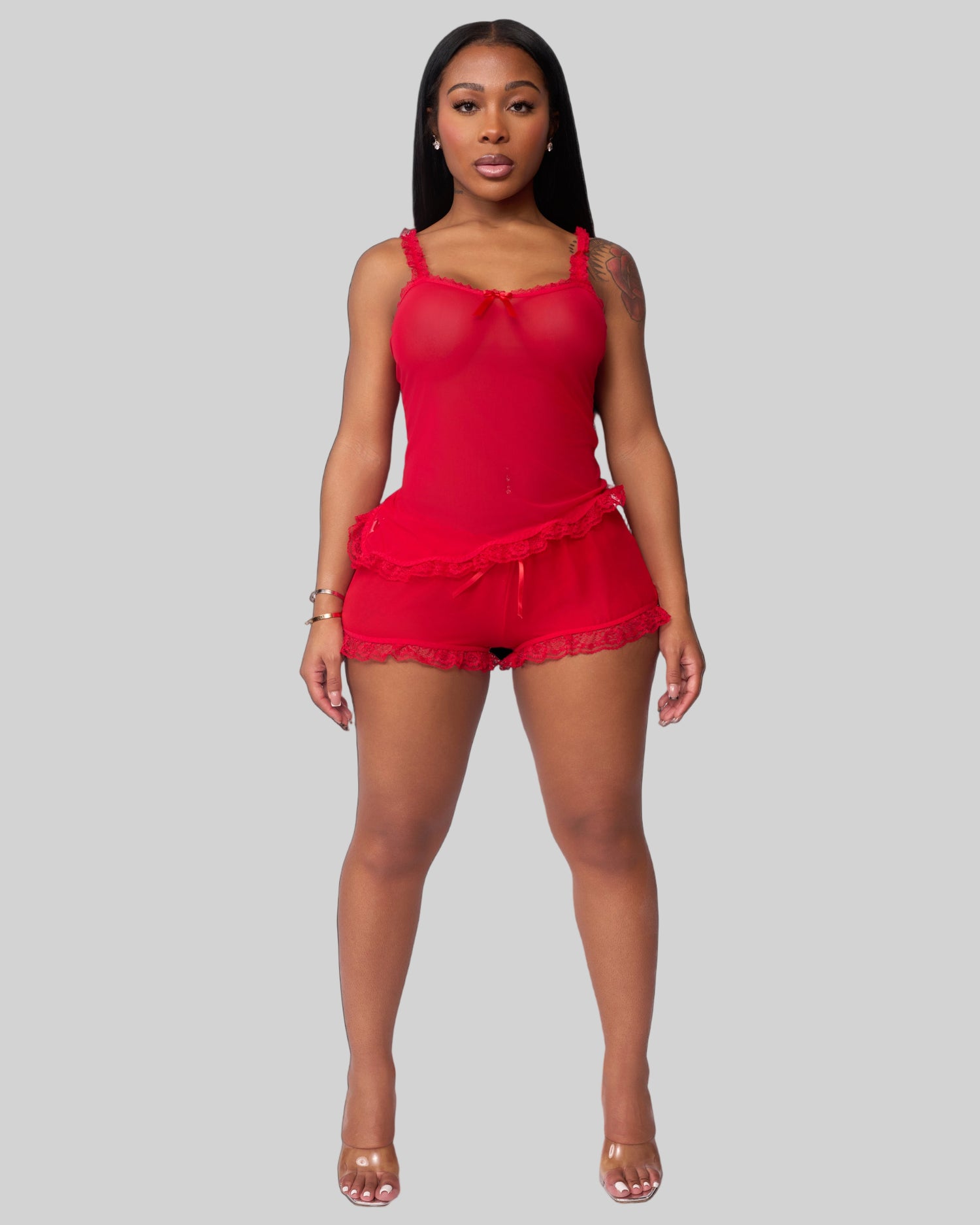 LOVE ME NOT SCALLOPED MESH SHORTS (CHERRY)