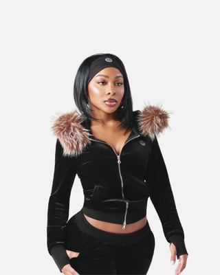 VELOUR PLUSH TRACKSUIT JACKET WITH FUR (BLACK)