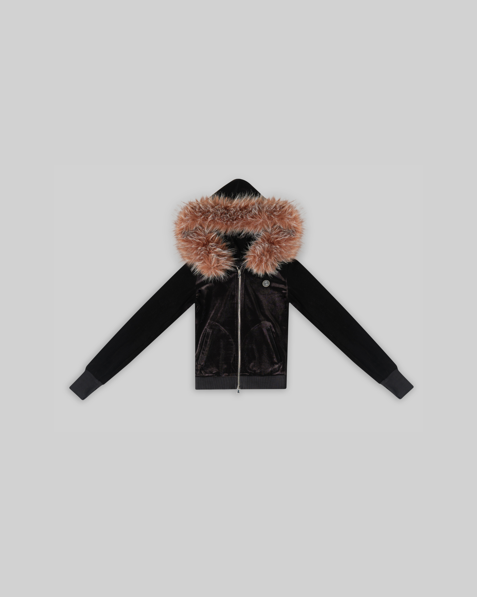 VELOUR PLUSH TRACKSUIT JACKET WITH FUR (BLACK)
