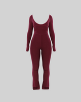 LONG-SLEEVE FLARE LEG JUMPSUIT (BURGUNDY) thumbnail 2