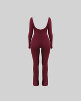 LONG-SLEEVE FLARE LEG JUMPSUIT (BURGUNDY) thumbnail 3