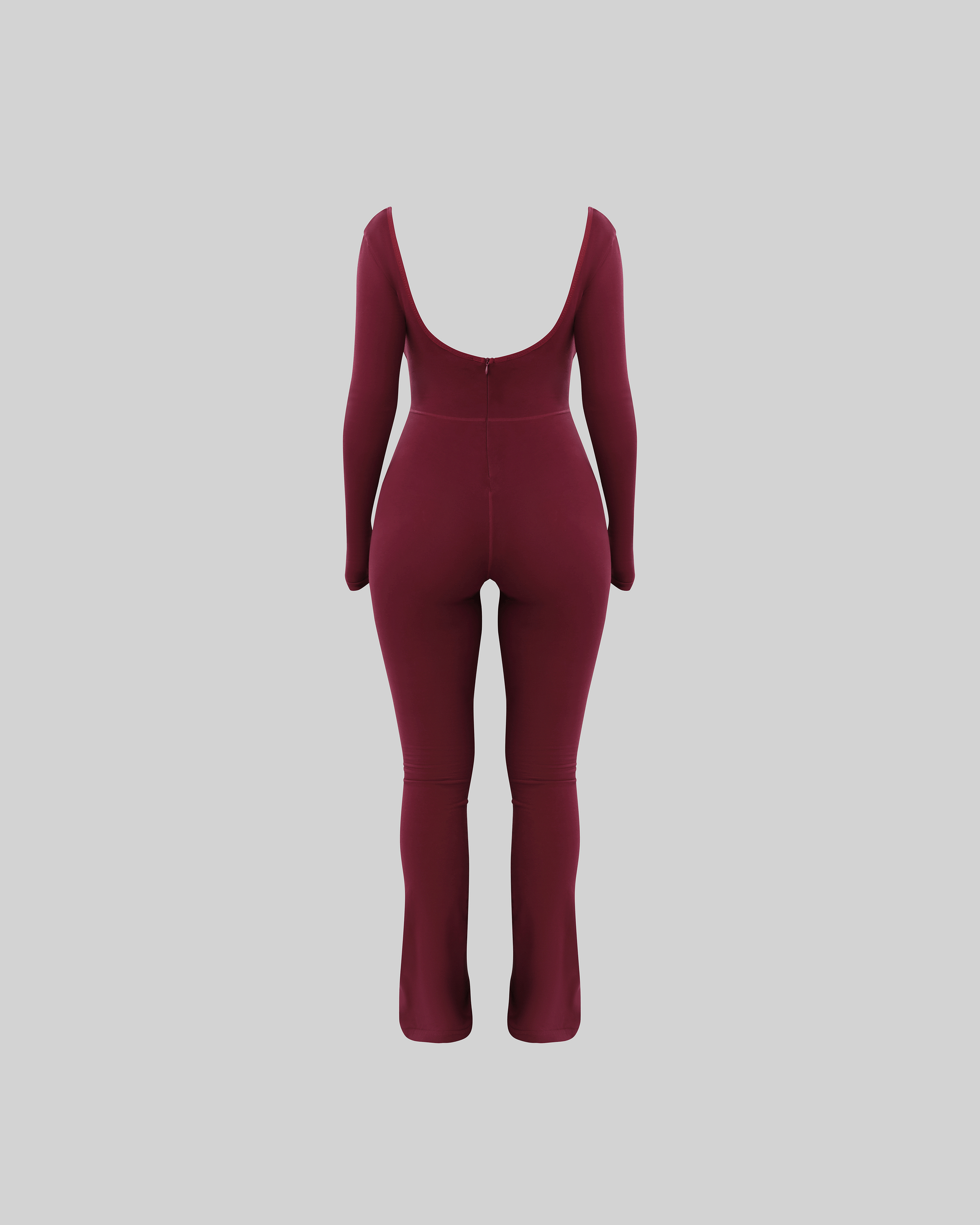 LONG-SLEEVE FLARE LEG JUMPSUIT (BURGUNDY)