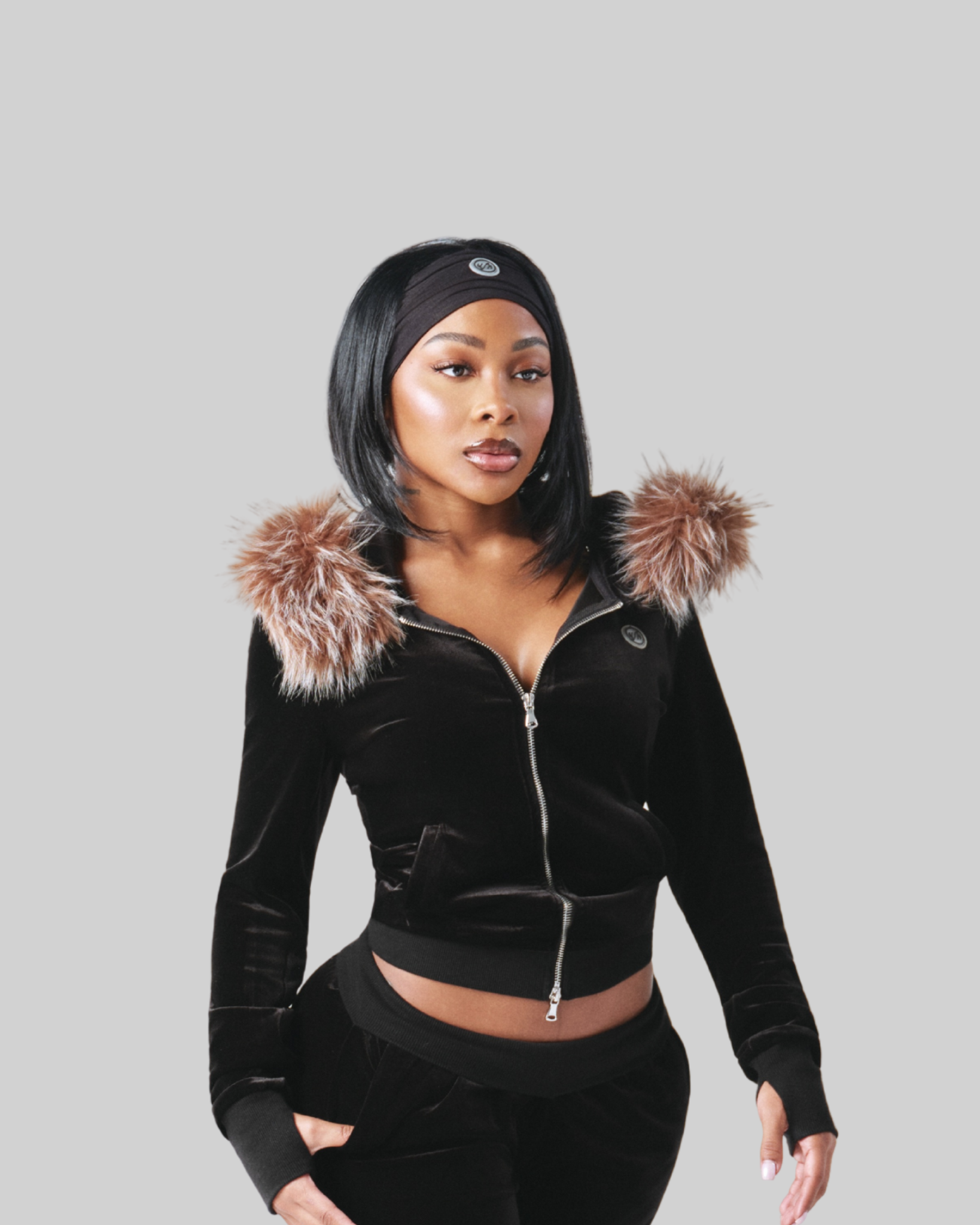VELOUR PLUSH TRACKSUIT JACKET WITH FUR (BLACK)