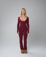 LONG-SLEEVE FLARE LEG JUMPSUIT (BURGUNDY) thumbnail 1